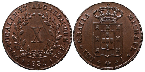 Old Portuguese X Reis Copper coin from the reign of Miguel I king of Portugal in the 19th century