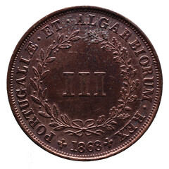Portuguese coin of III Réis in copper from the reign of Luiz I king of Portugal in the 19th century