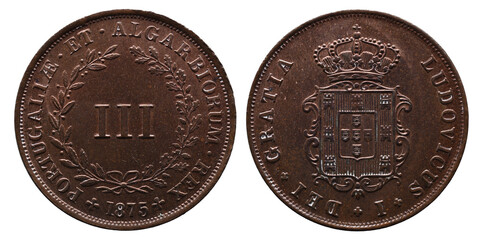Portuguese coin of III Réis in copper from the reign of Luiz I king of Portugal in the 19th century