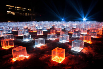 esplanade full of transparent cubes illuminated at night - obrazy, fototapety, plakaty