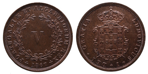 Portuguese coin of V Réis in copper from the reign of Luiz I king of Portugal in the 19th century
