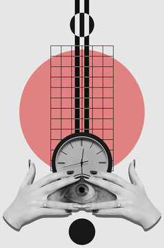 Collage with hands, eye and clock