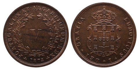 Portuguese coin of V Réis in copper from the reign of Luiz I king of Portugal in the 19th century