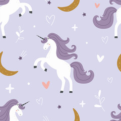 Seamless pattern with cute unicorn and moon on purple background. Vector illustration for printing. Cute children's background. Birthday.