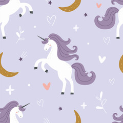 Seamless pattern with cute unicorn and moon on purple background. Vector illustration for printing. Cute children's background. Birthday. © Дмитрий Бондаренко