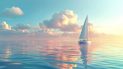 Fototapeta premium Sailing boat on a calm sea with a blue and pink sky background. Illustration design for travel and vacation banner posters in pastel colors with copy space. AI generated illustration.
