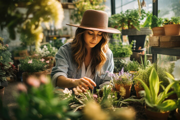 Young woman tending to plants in greenhouse. Urban community garden, sustainable lifestyle, ecology concept