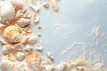 : A flat lay of a wedding invitation with a beach theme, featuring seashells and sand.