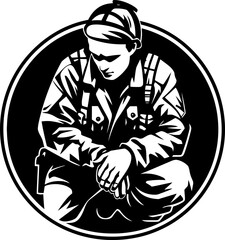 Duty Defend Kneeling Soldier Logo Vector Brave Battalion Military Icon Emblem