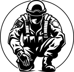 Patriot Pledge Kneeling Soldier Iconic Emblem Valor Vanguard Military Logo Vector