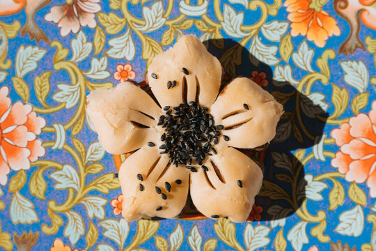Food: Red Bean Paste Flower Pastry on Vintage Spring Floral Pattern
