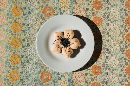 Red Bean Paste Flower Pastry and Vintage Floral Pattern