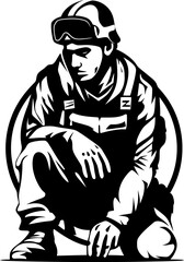 Duty Defend Soldier Iconic Emblem Brave Battalion Kneeling Soldier Vector Icon