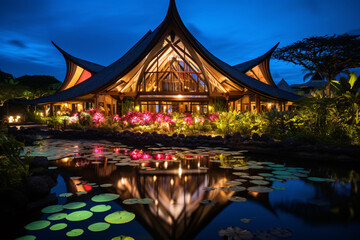 oriental style luxury hotel next to a pond with water lilies at dusk - obrazy, fototapety, plakaty