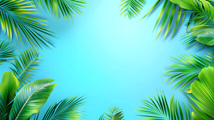 A light blue background with palm leaves on the edges, creating an exotic and tropical feel. Poster in the summer concept. AI generated illustration.