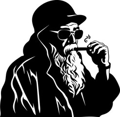 Ancient Elixir Elderly Asian Smoker Emblem Wisened Whiff Long Bearded Sage Design