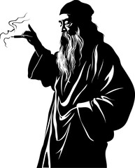Vintage Vision Long Bearded Elderly Smoker Icon Ancient Wisdom Asian Sage Smoking Emblem