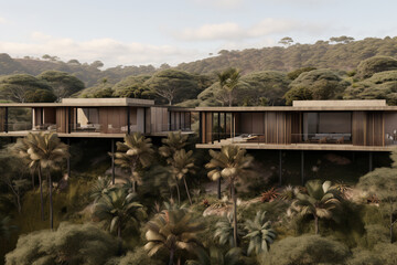 designer modular houses mounted on pillars in a palm forest
