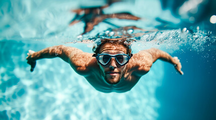 A man is swimming in a pool wearing goggles - Powered by Adobe