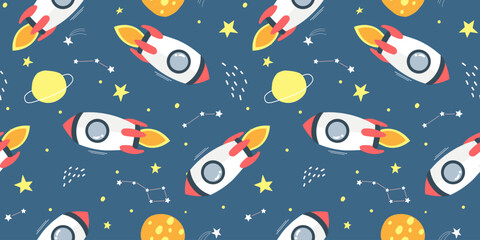 Seamless pattern with rockets in space on a background of stars and planets. Vector graphics.