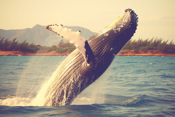 humpback whale jumping out of the sea on a sunny day