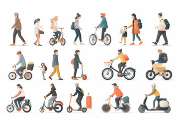 People actively spend time outdoors. Set of characters walking, riding bicycles and scooters 3D avatars set vector icon, white background, black colour icon