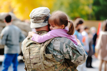 military man who has just arrived from an armed conflict with his young daughter in his arms - obrazy, fototapety, plakaty