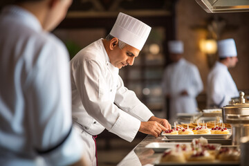 mature chef in white uniform and chef hat plating food in a professional kitchen