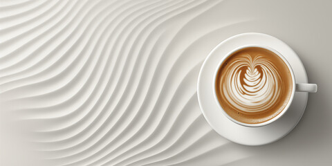 Coffee background, a cup of coffee with latte art against a background of soft waves in brown tones, top view