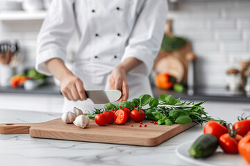 unrecognizable female chef in chef uniform cutting some vegetables on a wooden board