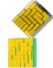 A concept of a yellow and green box square building with a lot of windows