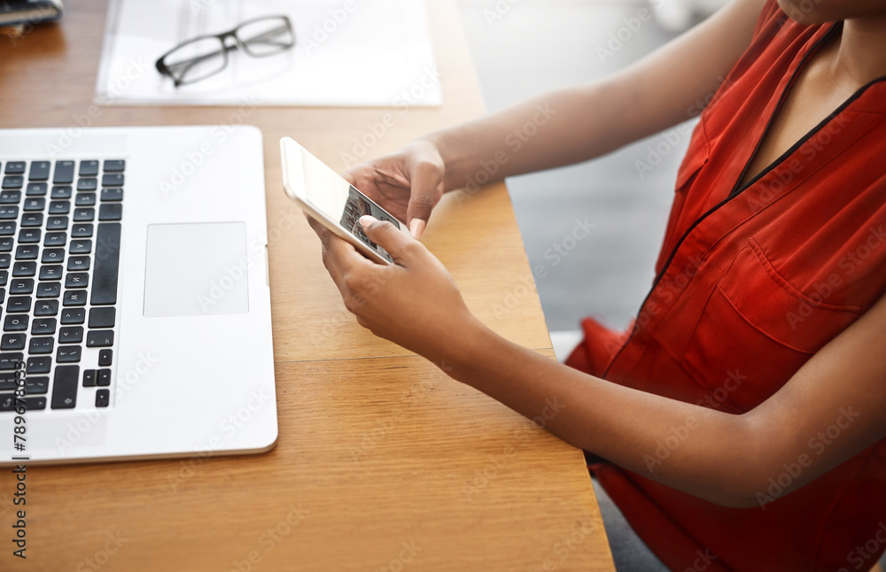 Fototapete woman, remote work or hands with mobile in home office for social media, internet post or website no