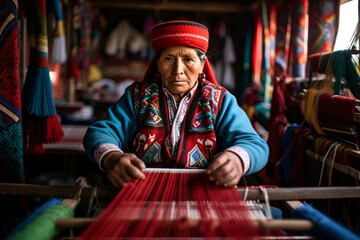 South American senior woman weaving on an antique artisanal loom - obrazy, fototapety, plakaty