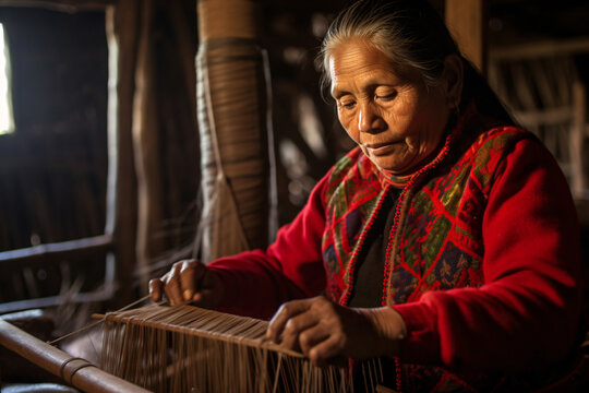 South American senior woman in very colorful traditional clothing weaving fabric on a handloom