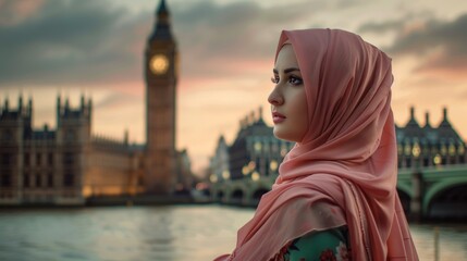 PORTRAIT of a beautiful Muslim woman with hijab in England with Big Ben in the background out of...