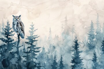 Watercolor. Forest. Background. Wallpaper. Owl.