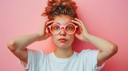A girl with pink glasses covering her eyes and holding a hand to the side of them, AI