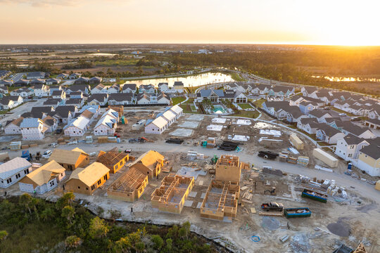 Construction in new developing suburban area. Development of residential housing in American suburbs. Real estate market in the USA