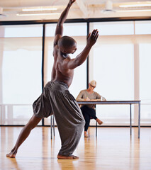 Judge, dancer and ballet in audition for creativity, performance with energy and movement in...