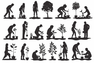 People are planting tree seedlings in the city park. Volunteers or city dwellers, men and women 3D avatars set vector icon, white background, black colour icon