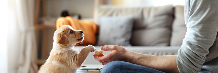 Owner Engaging in Positive Reinforcement Training with Cute Puppy in a Comfortable Home Setting