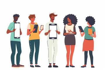 People use mobile phones. Characters are holding smartphones in their hands gesticulating. Men, women look at the phone screen, surf the Internet vector icon, white background, black colour icon
