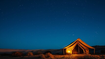 A traditional Bedouin tent glows from within offering a cozy shelter under the starry sky for travelers looking to connect with nature and indulge in the peacefulness 2d flat cartoon.