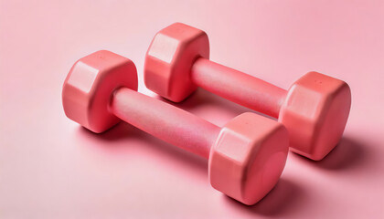 Workout concept. Close-up photo of two pink dumbbells isolated on pastel pink background