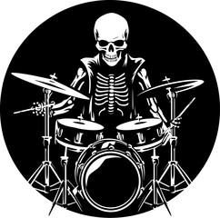Fototapeta premium Rattling Bones Musician Skeleton Logo Skull Sticks Drummer Vector Icon