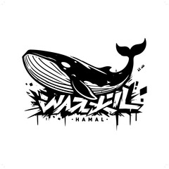 Whale silhouette, animal graffiti tag, hip hop, street art typography illustration.
