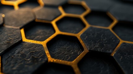 Sleek Dark Surface Punctuated by Golden Hexagons in a Honeycomb Pattern, Abstract Textured Background - obrazy, fototapety, plakaty