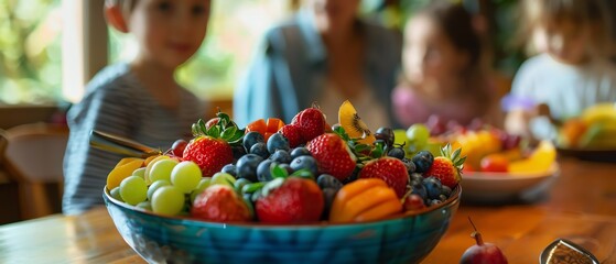 Magazine style image of a family at a dinner table, children selecting fruits from a colorful fruit bowl, showcasing the preference for healthy eating habits - obrazy, fototapety, plakaty