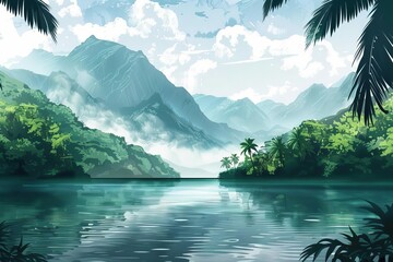 peaceful mountain landscape with jungle and water cinematic illustration concept illustration - obrazy, fototapety, plakaty