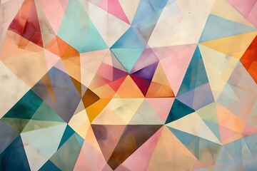 : A kaleidoscope of pastel triangles and pentagons, layered and overlapping to create a mesmerizing dance of color and form on a soft beige background.